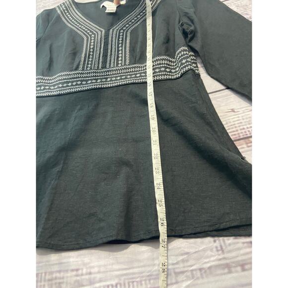 Geoffrey Beene Sport Linen Top Women 8 Black Embroider 3/4 Sleeve V Neck Stretch - Picture 7 of 10
